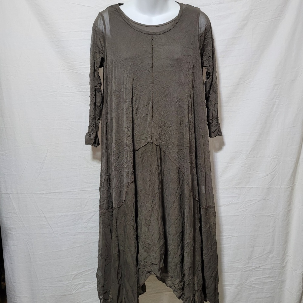 Comfy USA Crinkle Brown Layered Mesh Overlay 2 Piece Midi Tunic Dress Size XS